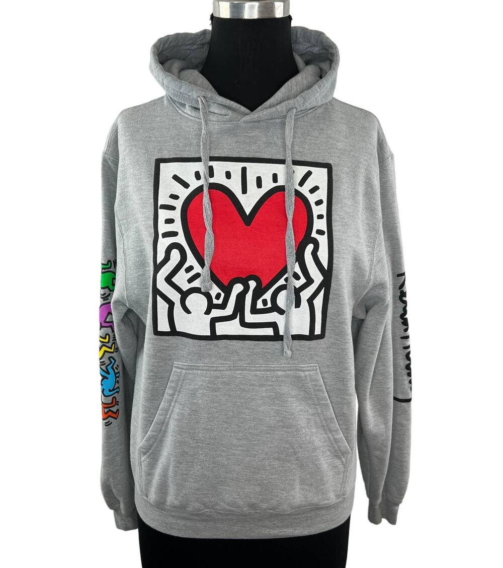 KEITH HARING Gray Heart LONELY CROWD Long Sleeve Pullover Fleece Hoodie S Small